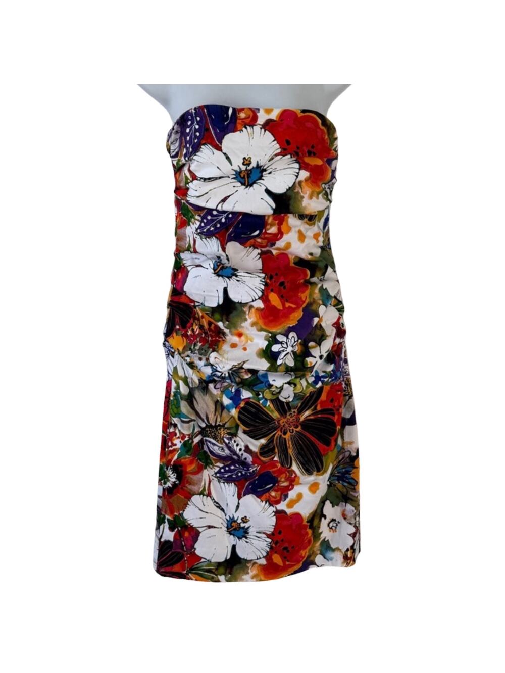 Suzi Chin Orange Green White Floral Ruched Strapless Bodycon Mini Dress Size 8